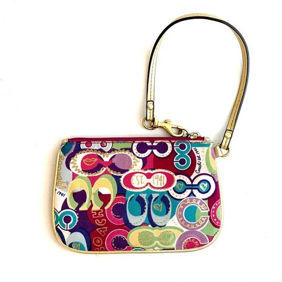 Coach Poppy wristlet Multicolor Signature C Gold leather trim - Picture 2 of 3
